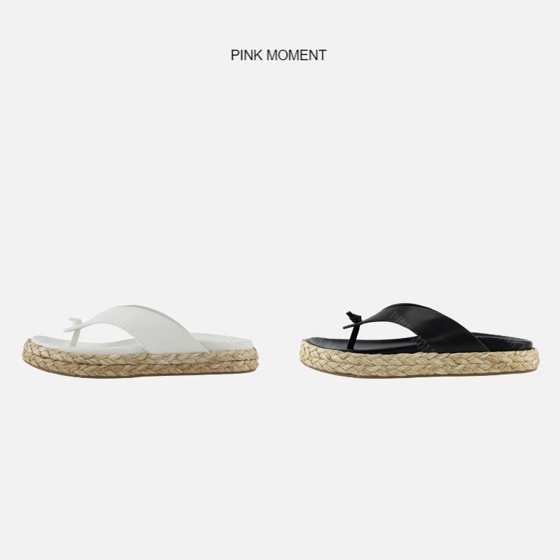 PM王囡囡 黑/白编织鞋底人字拖（跟高:3cm） ND1B0955