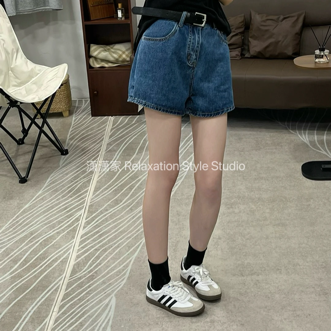 潇潇家【经典重现】夏腰带深蓝牛仔短裤宽松港风复古洗水时髦单品女