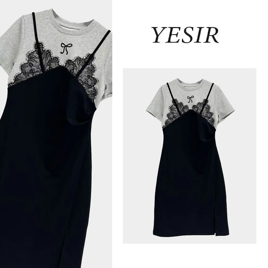 Q25058假两件蕾丝吊带显瘦连衣裙