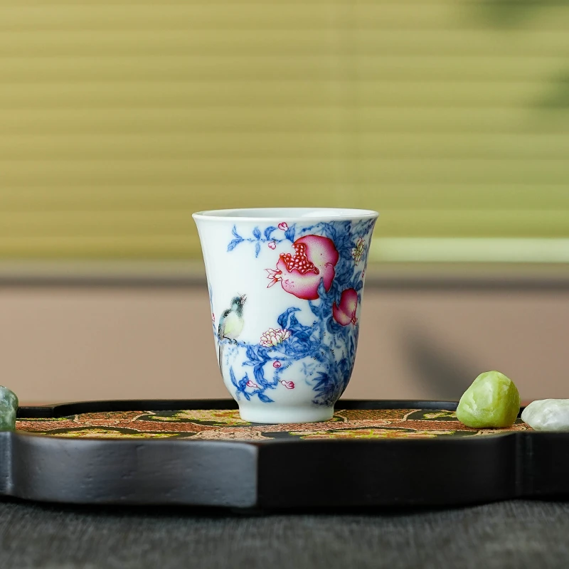 一儒堂  青花加彩石榴喜鹊闻香杯  景德镇陶瓷手工纯手工  YR065