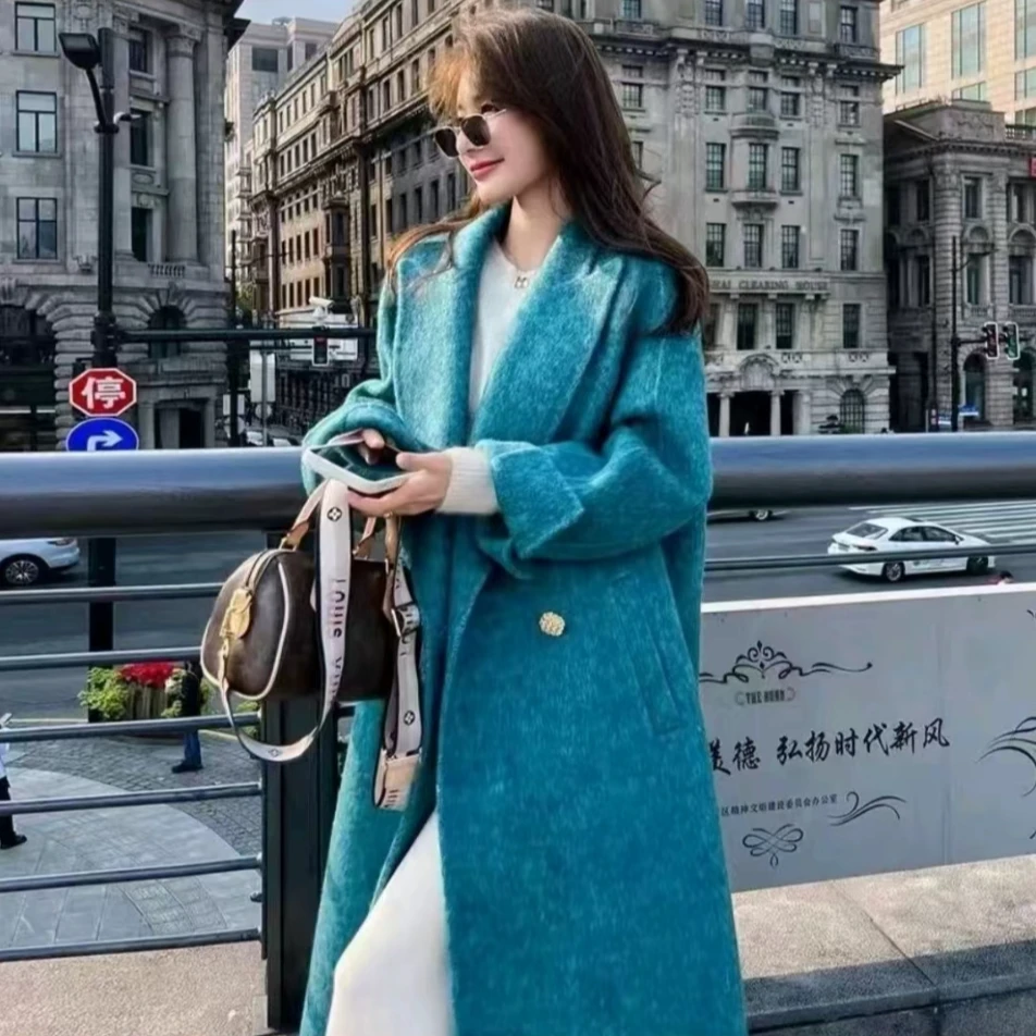 【蓝海精灵】秋冬女慵懒赫本风长款时尚毛呢外套气质扎染出游服女