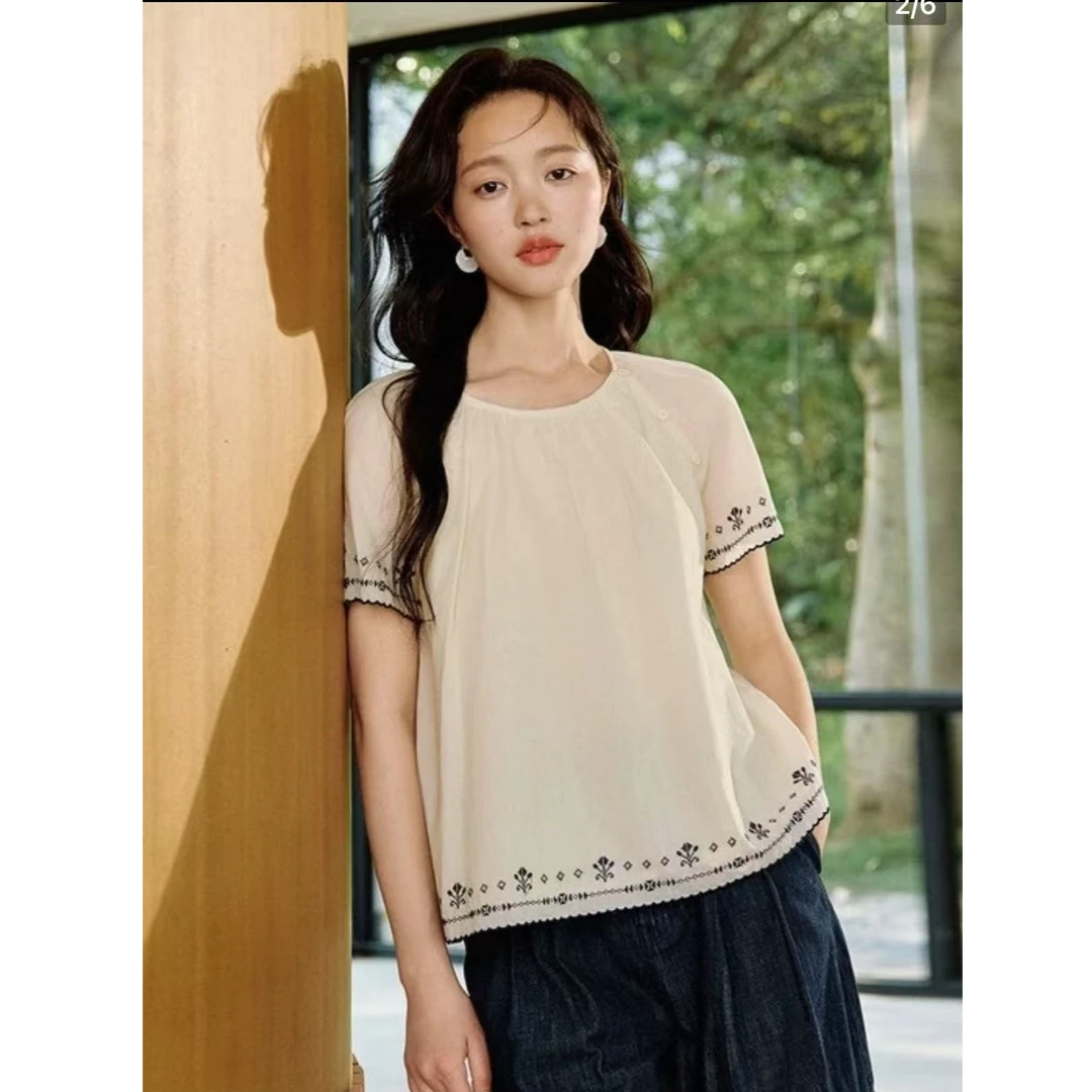 米色撞色设计感衬衫女夏季复古短袖小众上衣