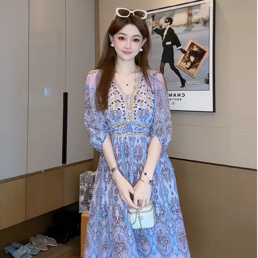 【丝芙玉禄】(S376)真丝V领重工纽扣显瘦拼色法式桑蚕丝女装连衣裙