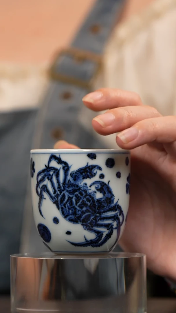 素月明河 青花螃蟹手雷杯