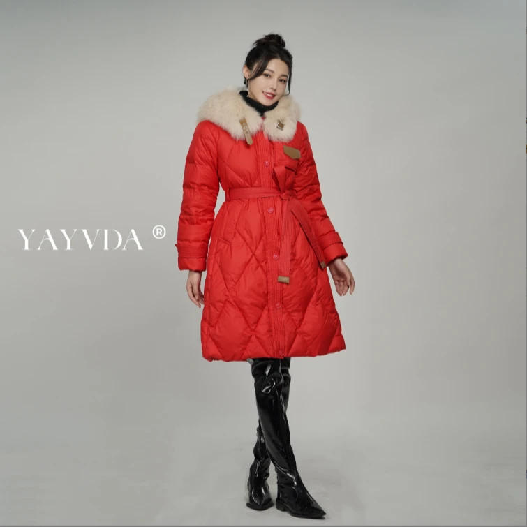 新国标90白鸭绒大毛领加厚中长款羽绒服收腰修身保暖设计师时尚