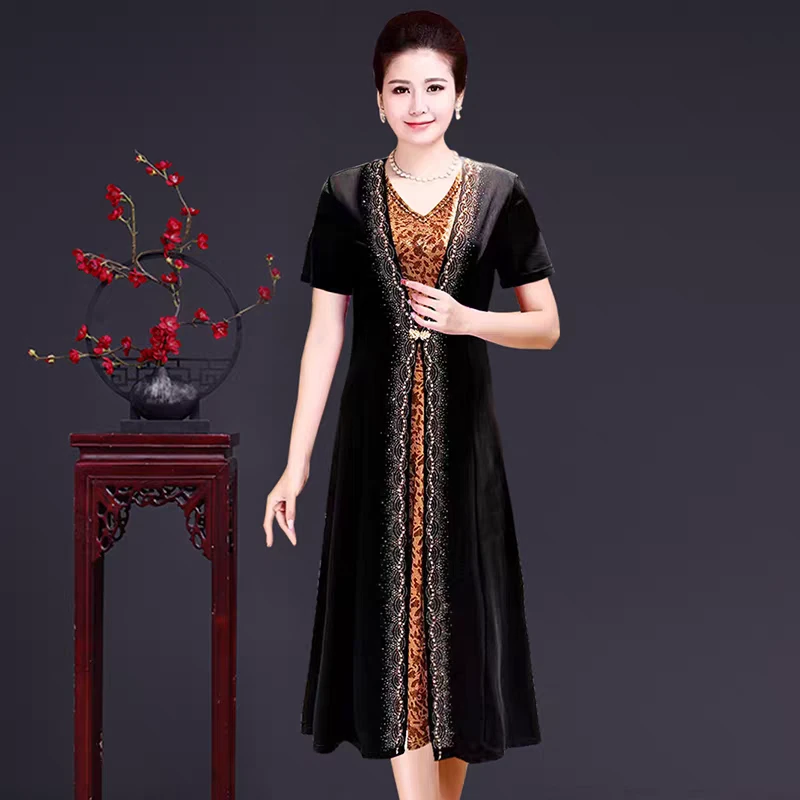 夏季新款镶钻拼接时尚显瘦收腰优雅减龄中老年妈妈连衣裙