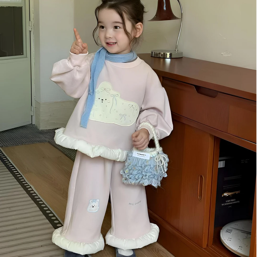 女童秋款新款贴布卡通小狗花苞卫衣套装