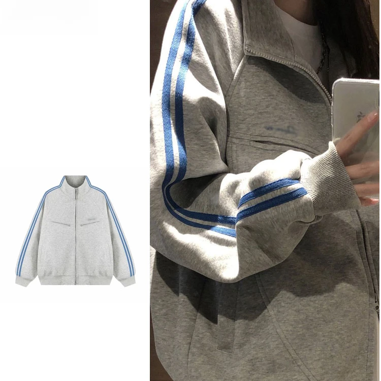 大码美式高街灰色双拉链卫衣外套女秋季高级感立领运动开衫夹克潮