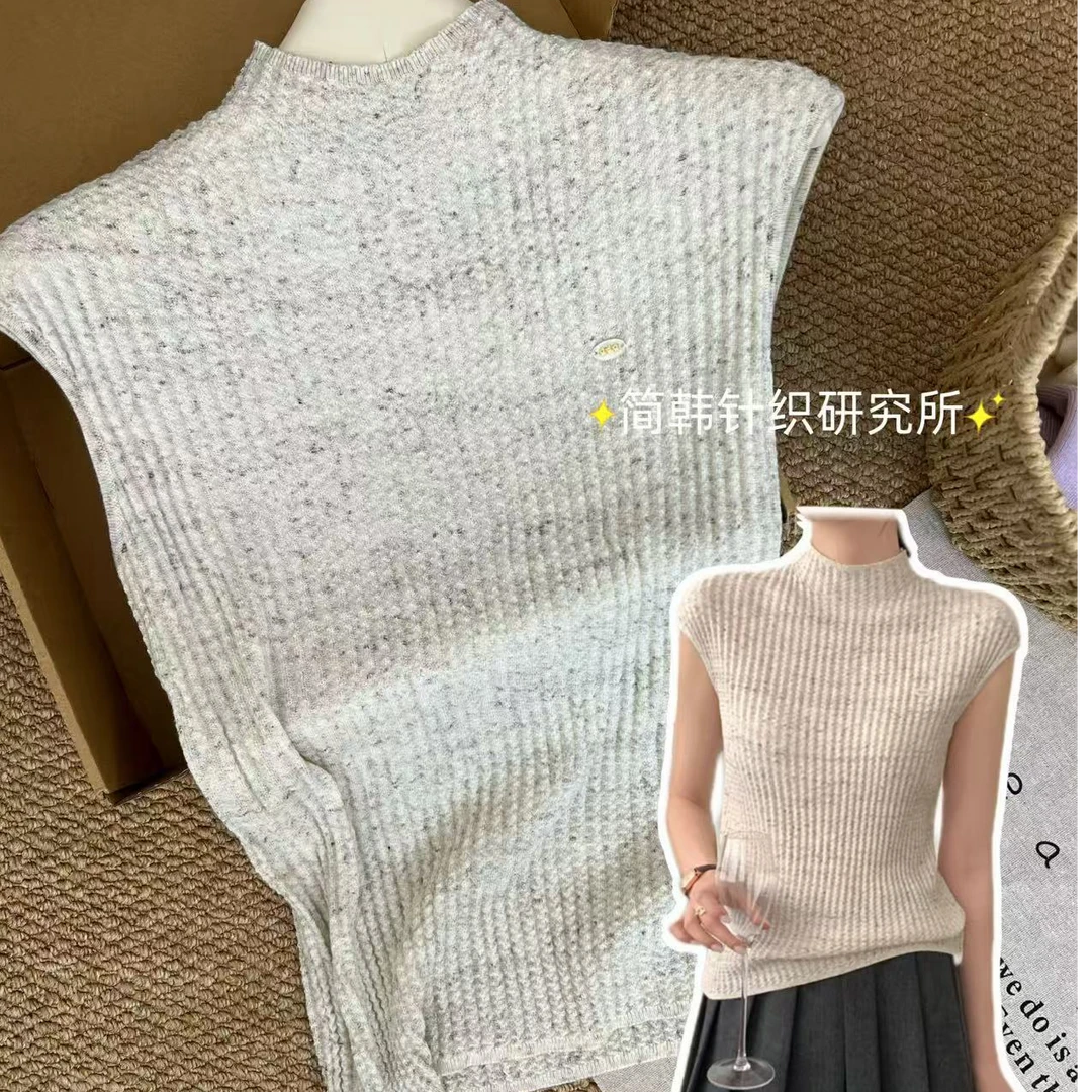 简韩半高领针织衫女时尚通勤新款正规版修身打底纯色短袖毛衣