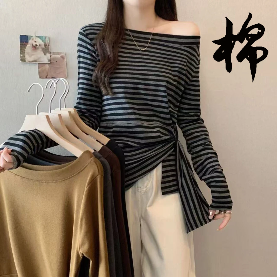 【棉】大码女装2025秋季新款不规则设计感收腰条纹甜辣斜肩长袖T恤
