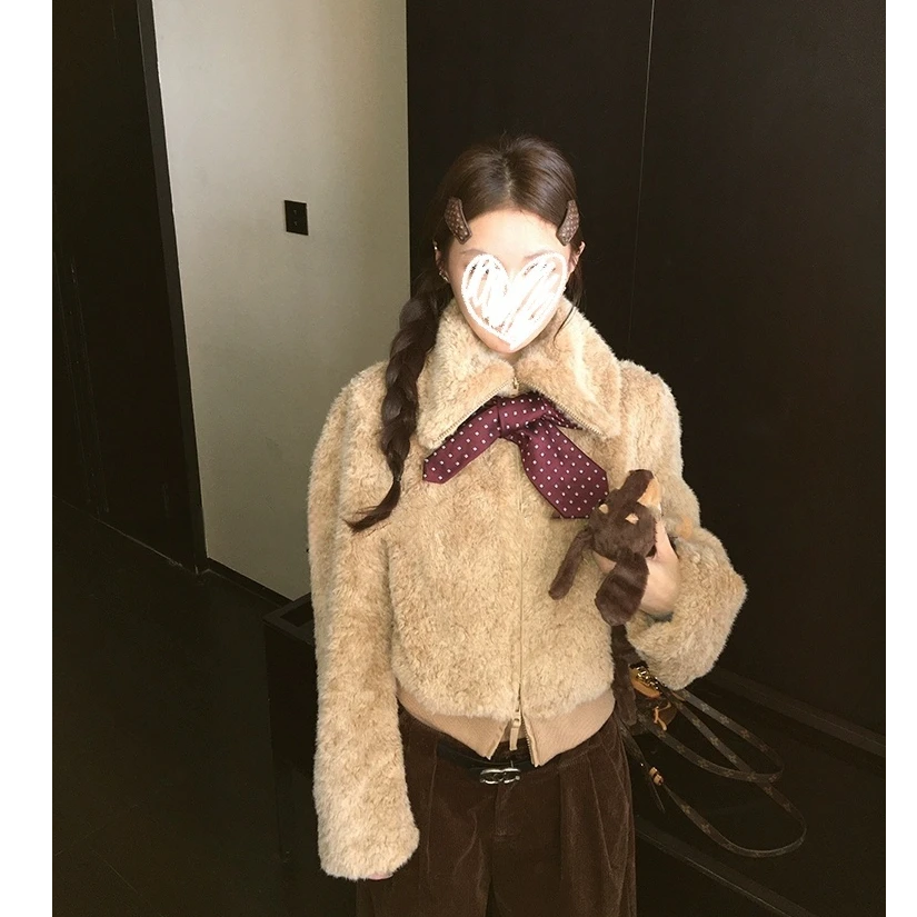 千金老钱毛毛拉链外套女秋冬小个子百搭宽松翻领上衣#W819