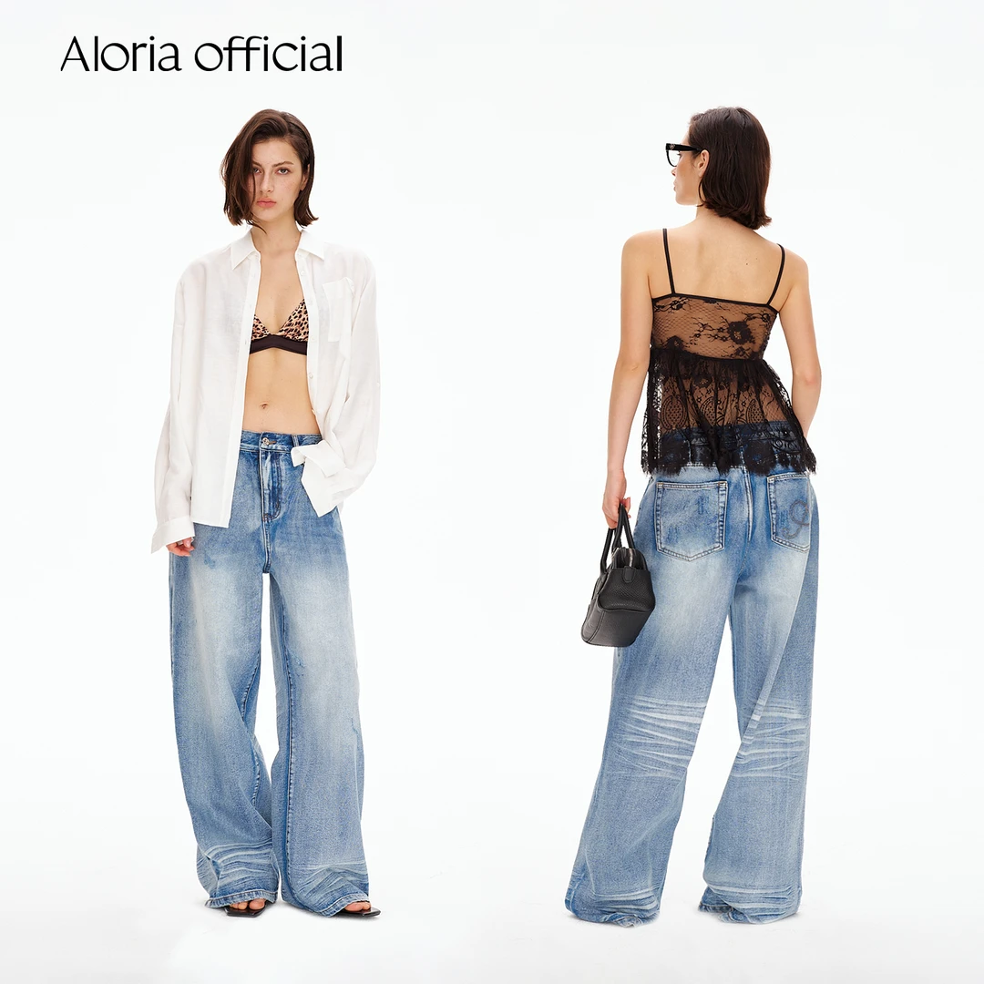 Aloria official 重工手擦猫须水洗复古蓝宽松百搭撞色刺绣牛仔裤