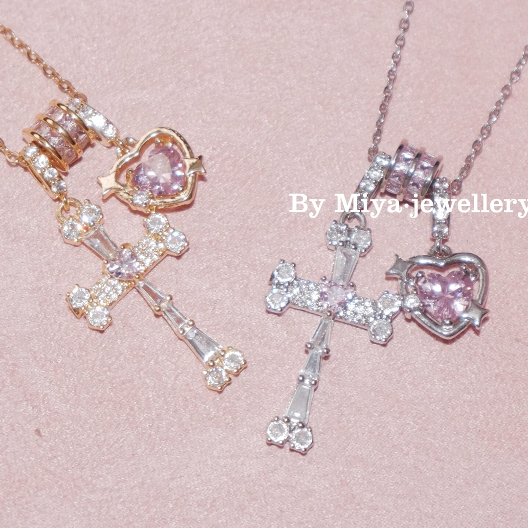 钛钢锆石项链 爱心契约~十字架粉色爱心超可爱欧美美式项链