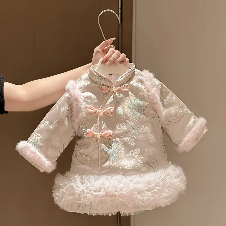 女童中国风连衣裙冬季加绒加厚盘扣长袖拜年服立领裙