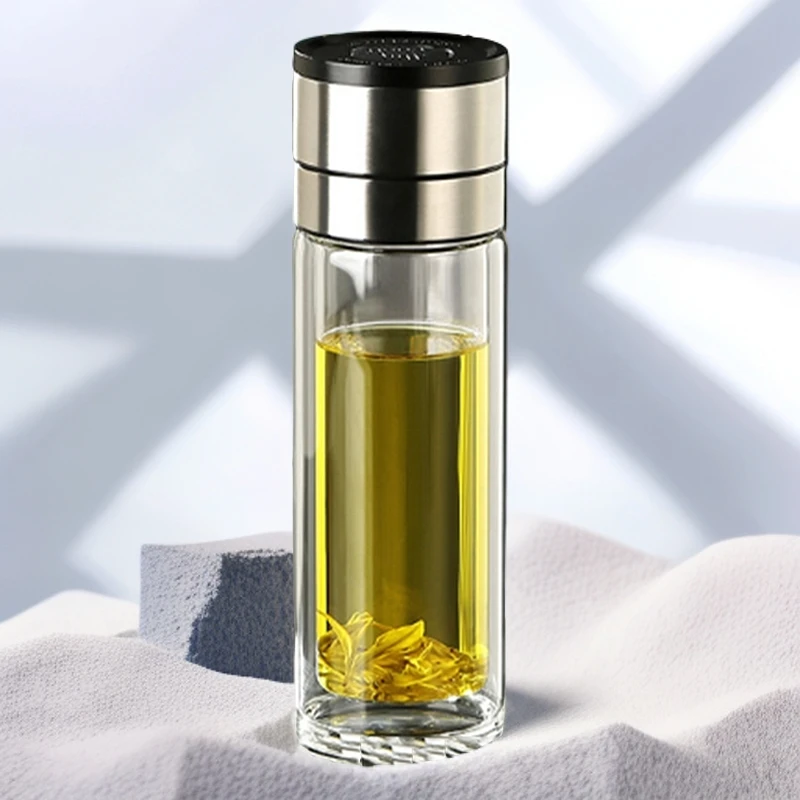 6号一键开盖茶杯钢盖双层玻璃杯车载茶水男士分离新款商务双层