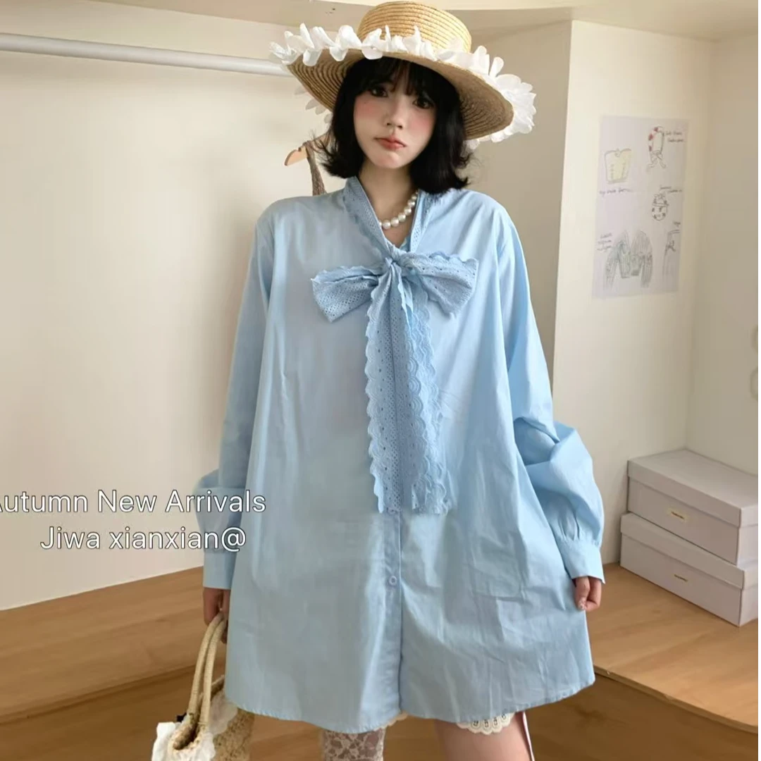 清版~2025秋季新款韩系可爱蕾丝花边系带蝴蝶结设计中长衬衫
