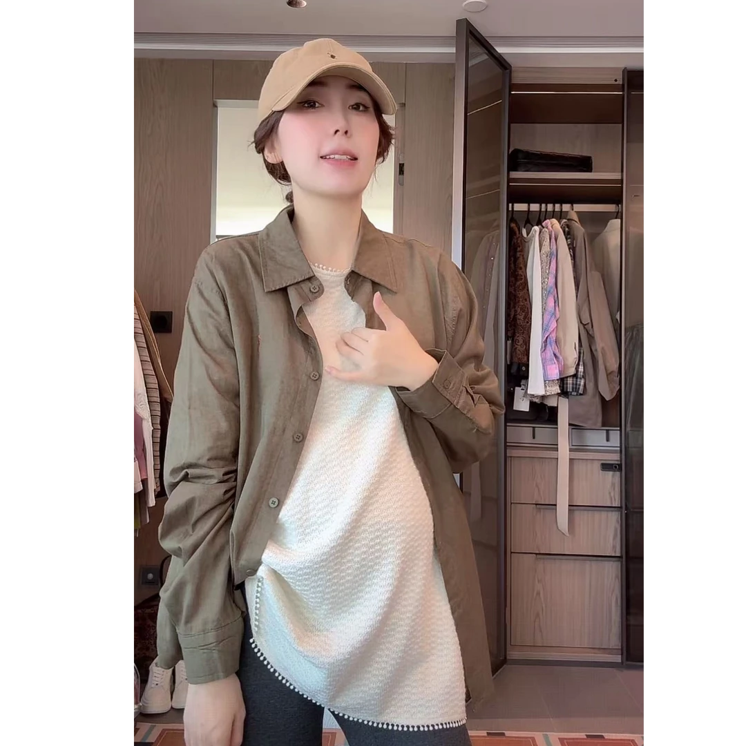 徐靖靖【老钱衬衫】百搭简约刺绣休闲宽松翻领长袖衬衫2508108