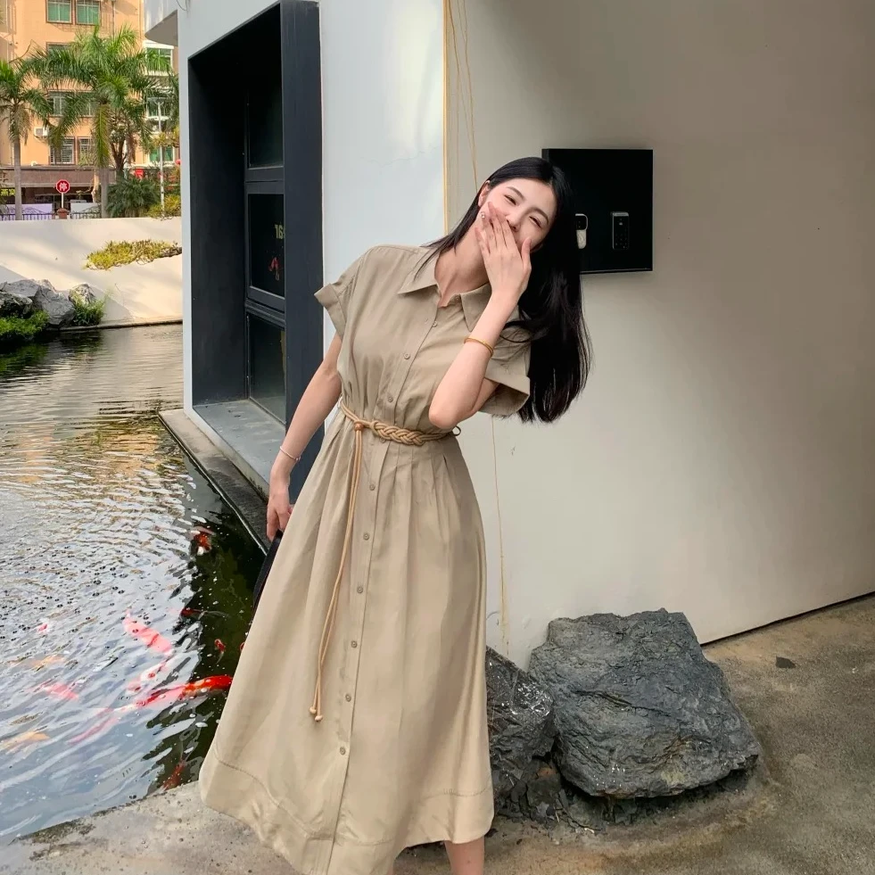 【洋洋】夏季中长裙纯色连衣裙粉色长裙气质女装时尚工装风