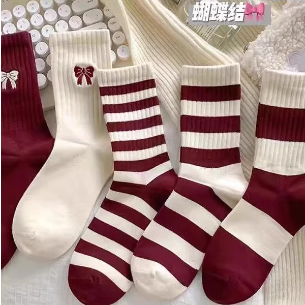 安可拉红袜子女蝴蝶结酒红色女中筒条纹提花袜子秋冬季长袜ins