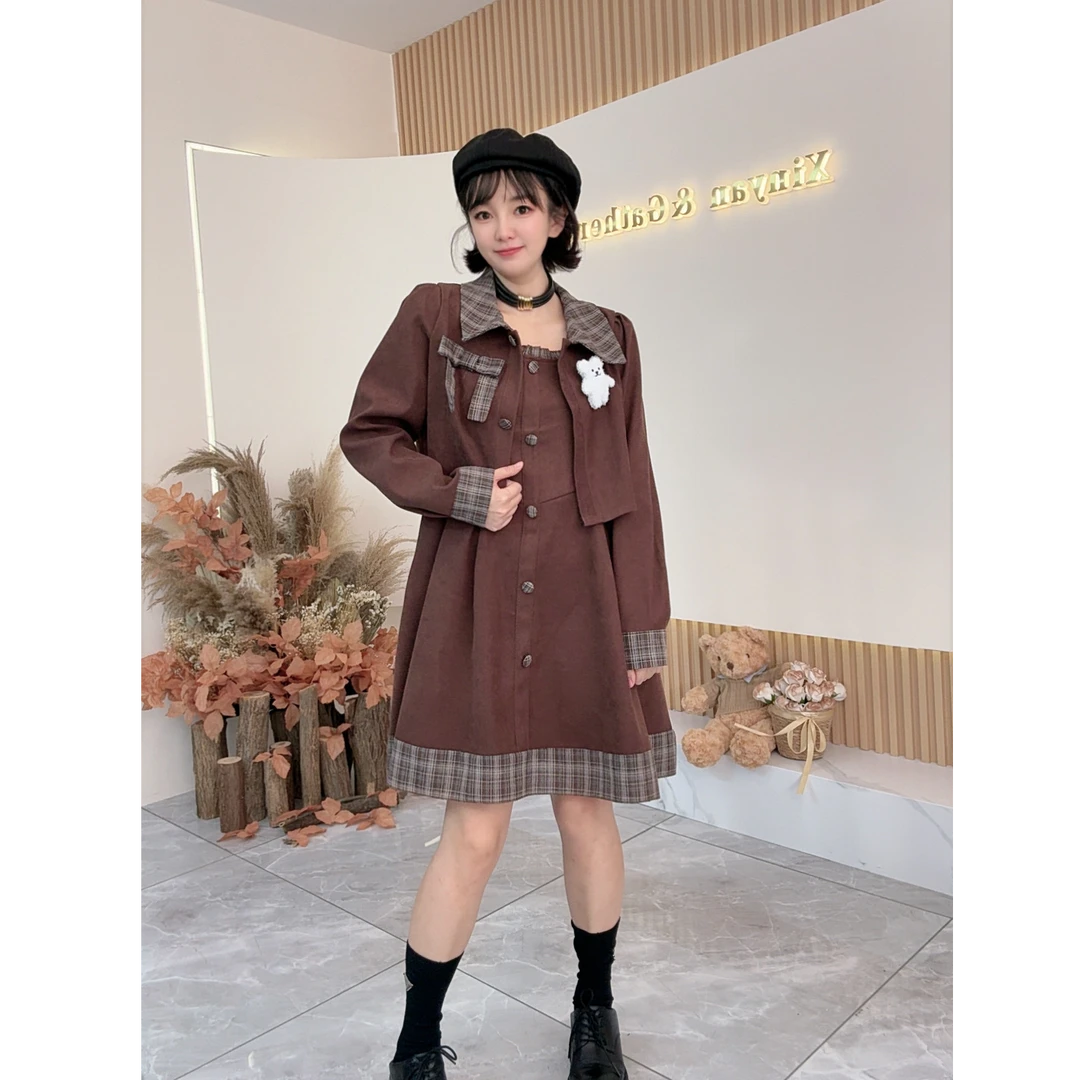 【之霖甄选】大码格子连衣裙女秋冬胖mm显瘦学院风西装外套两件套