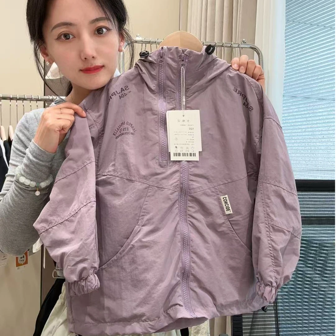 春款儿童连帽冲锋衣中大童韩版拉链外套男女童宽松