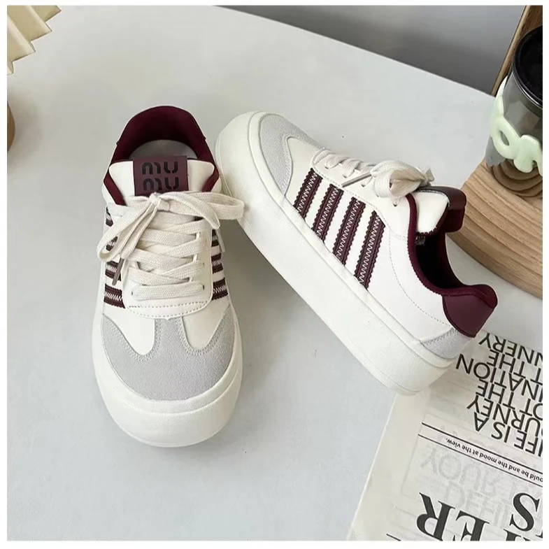 TP397米红厚底德训鞋女2024新款百搭透气休闲鞋圆头潮流风小白鞋