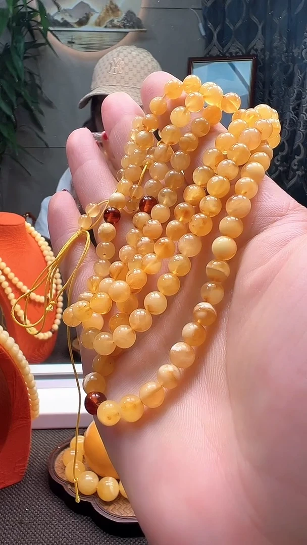 蜜蜡颈饰未镶嵌6+蜜蜡俄料圆珠多圈108  微暇