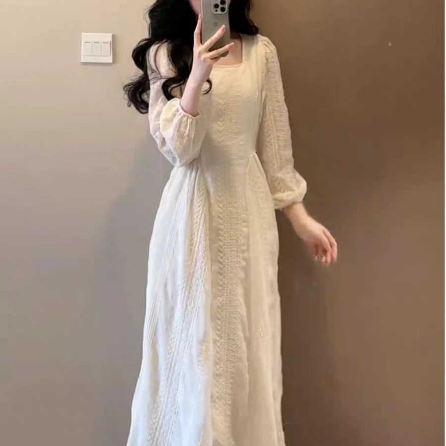 [F1027]法式气质方领温柔掐腰蕾丝连衣裙女早秋精致优雅收腰长裙