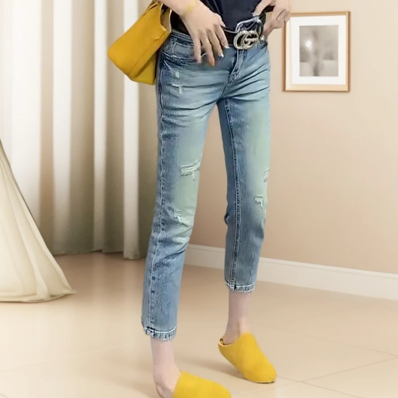 梨型身材穿搭2025年春夏新款八分破洞烟管牛仔裤女大码显瘦直筒裤