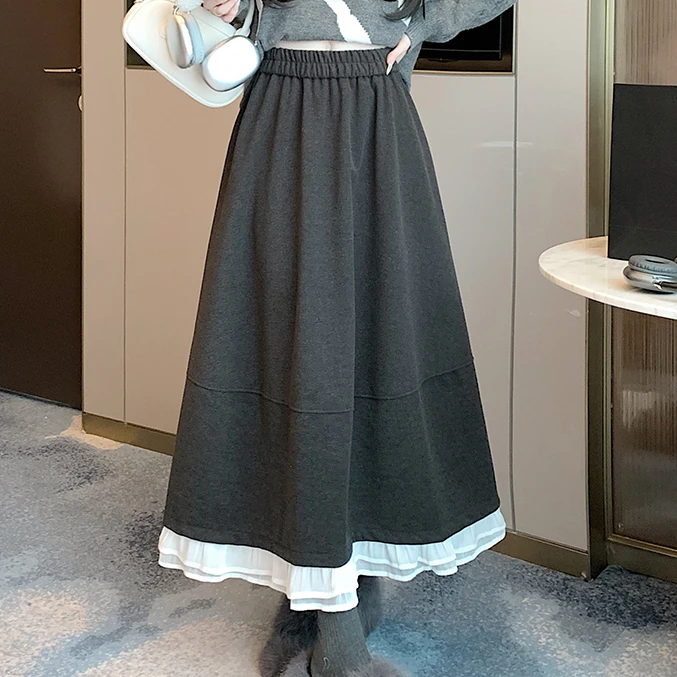 灰色毛呢裙秋冬季松紧腰遮肚大摆裙荷叶边拼接韩版中长款半身裙子