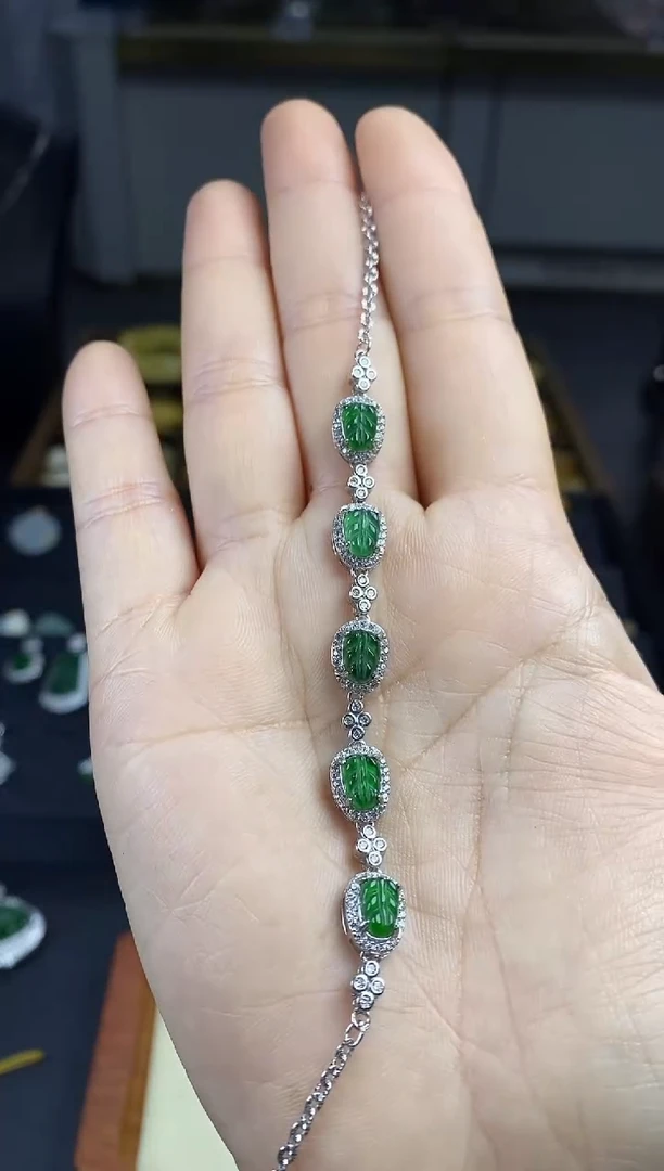 银S925镶嵌手链翡翠绿冰叶手链