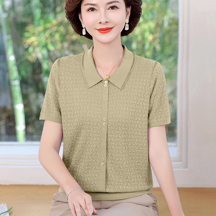中老年女装夏季短袖上衣大码T恤时尚妈妈休闲翻领薄款天丝t恤半袖