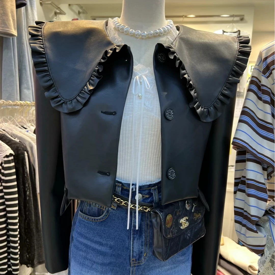 韩国东大门正品阿美韩国女装蓝香蕉海军领皮衣外套