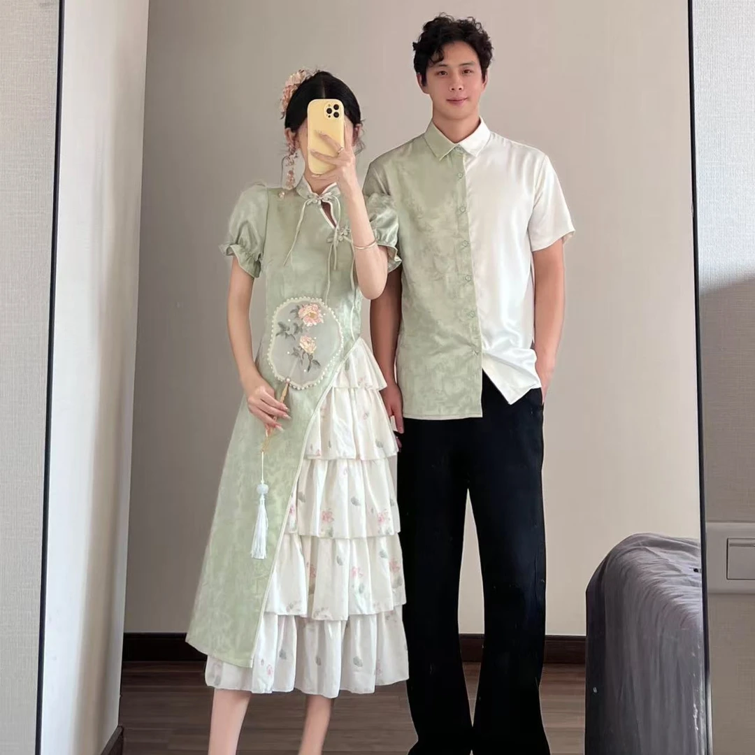 情侣装夏季复古少女蛋糕裙连衣裙日常显瘦新中式男衬衣一裙一衣