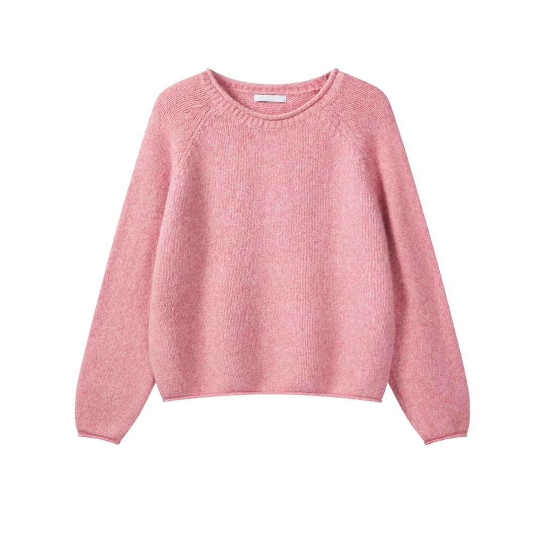 羊城故事-粉色韩系小香风针织毛衣女圆领v领套头上衣2961HJ