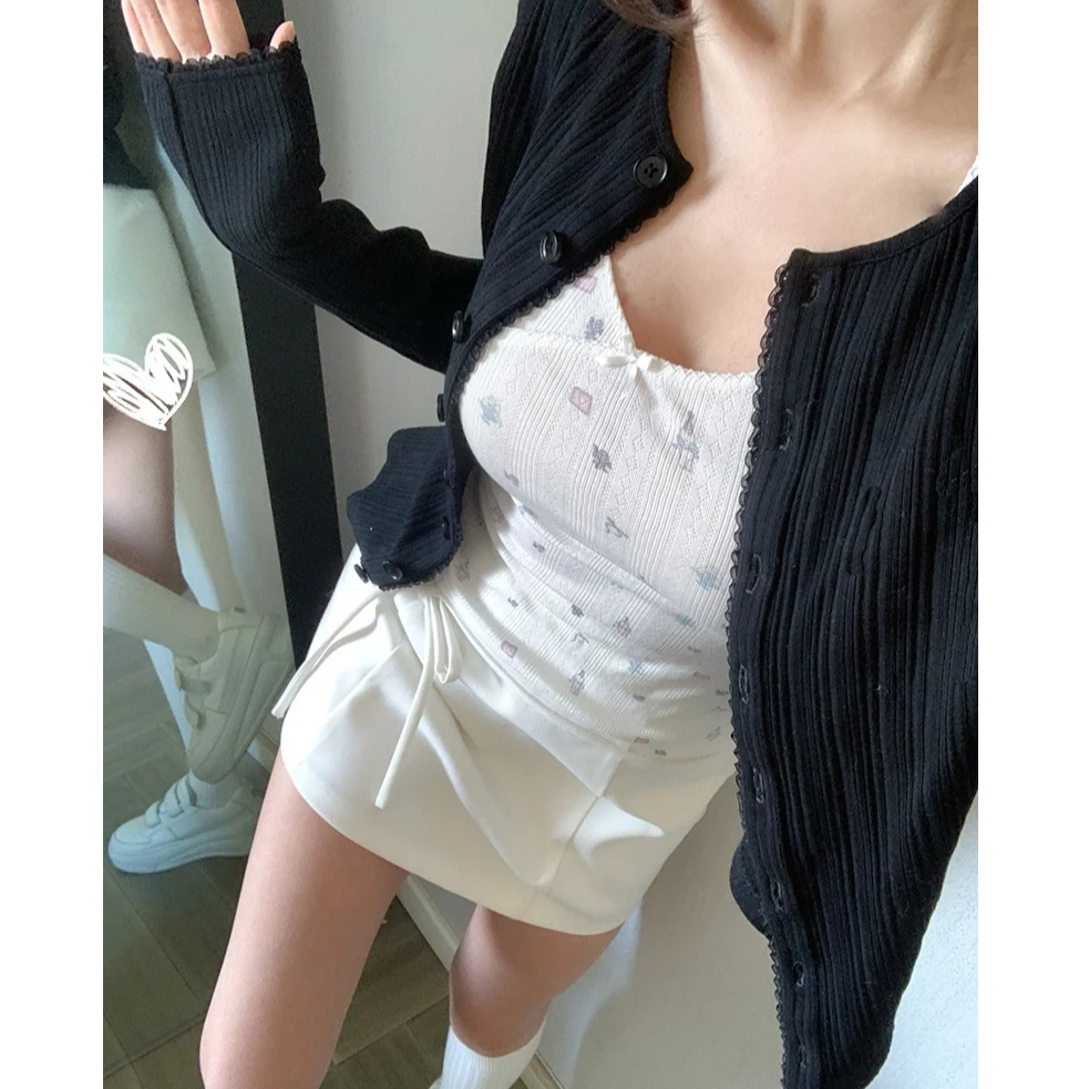 【清晨画廊】韩系甜美印花修身圆领T恤 夏季蕾丝小众温柔风上衣