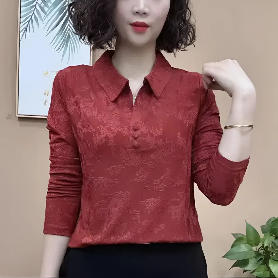 2025春秋季新款时尚百搭衬衫领提花女士长袖减龄显瘦气质上衣小衫