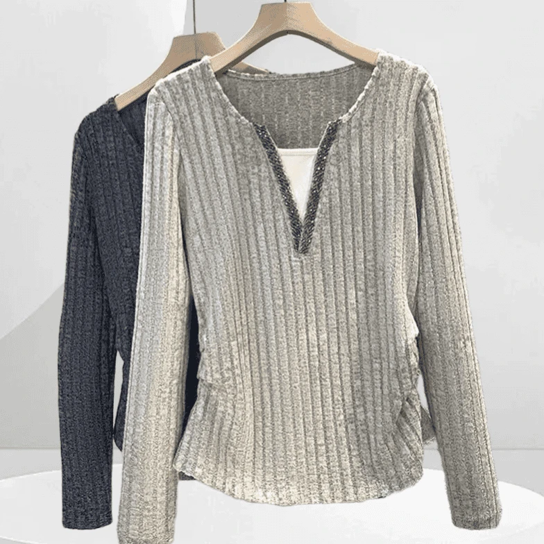 修身螺纹拼接V领烫钻设计感打底衫女假两件时尚春秋长袖百搭上衣