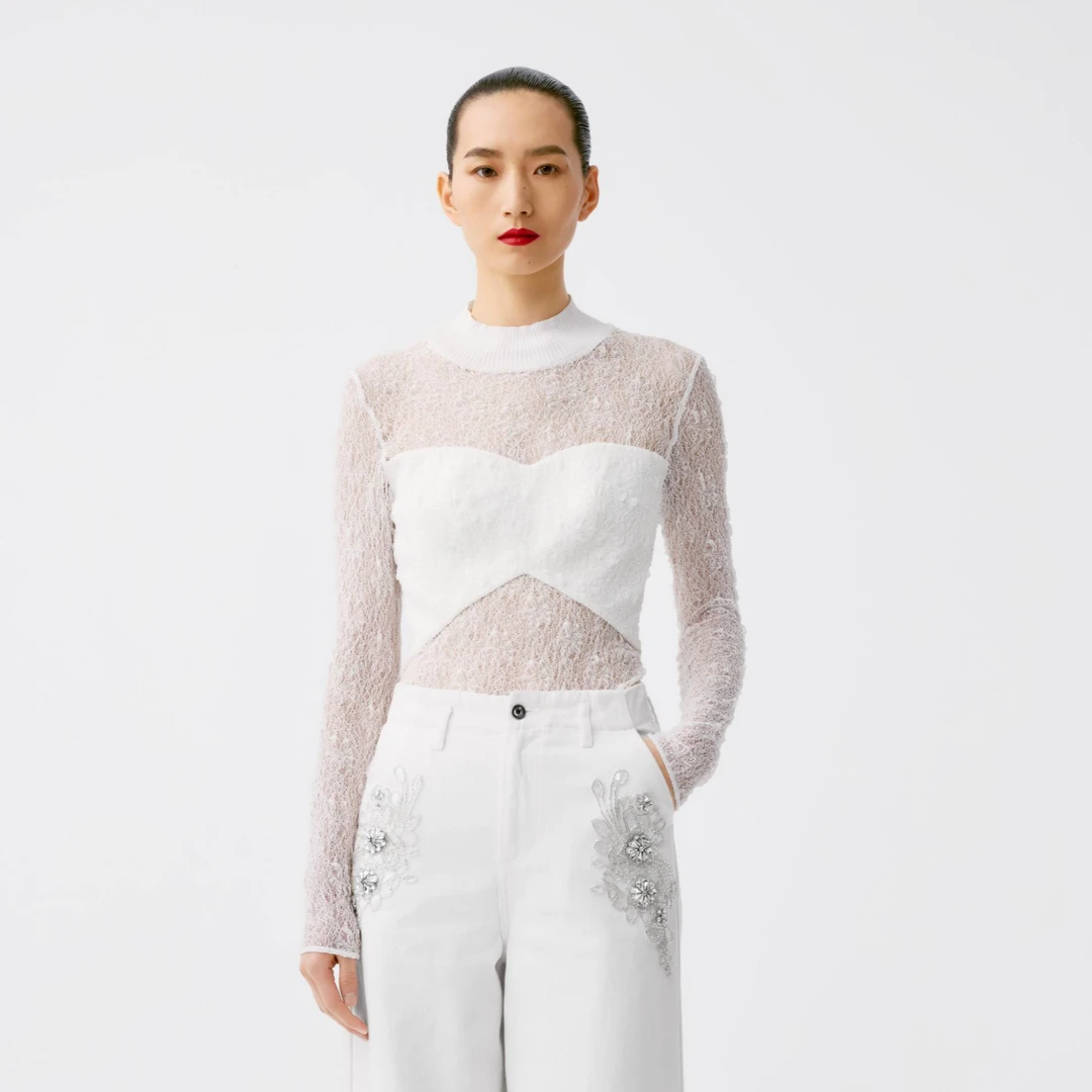 【顾文婷推荐】玉琼国风25 白色透视蕾丝针织领打底衫 J25A3013