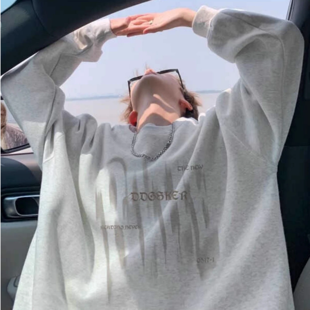 重磅港风潮牌设计感白灰色加绒圆领印花卫衣男款秋冬宽松ins上衣