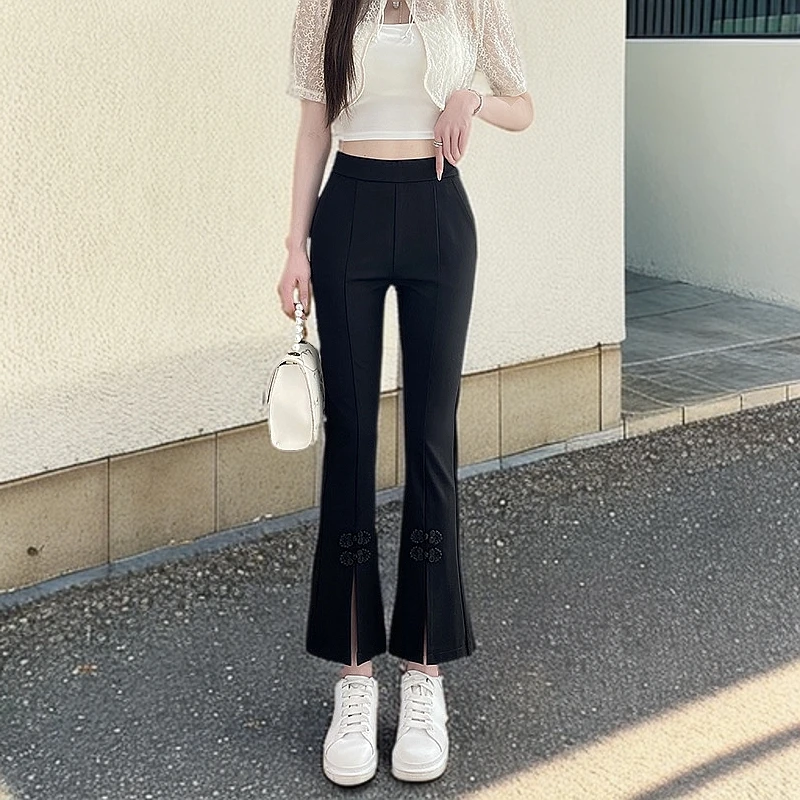 新中式国风微喇裤新款大码高腰显瘦简约百搭直筒喇叭裤薄款外穿女