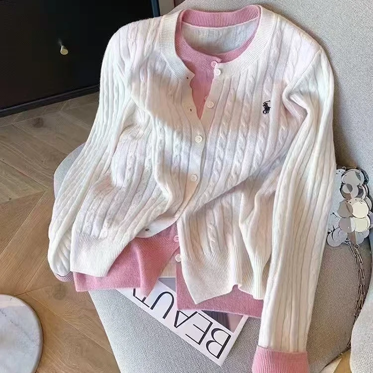 圆领撞色假两件刺绣长袖针织开衫女春秋麻花毛衣外搭上衣粉色外套