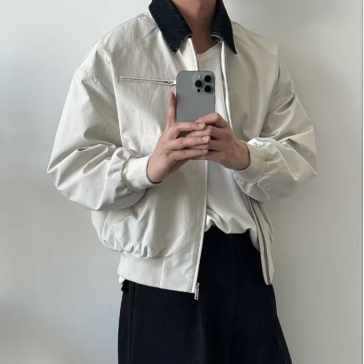 米白色水洗帆布牛仔领外套男春秋高级感翻领棒球服底特律工装夹克