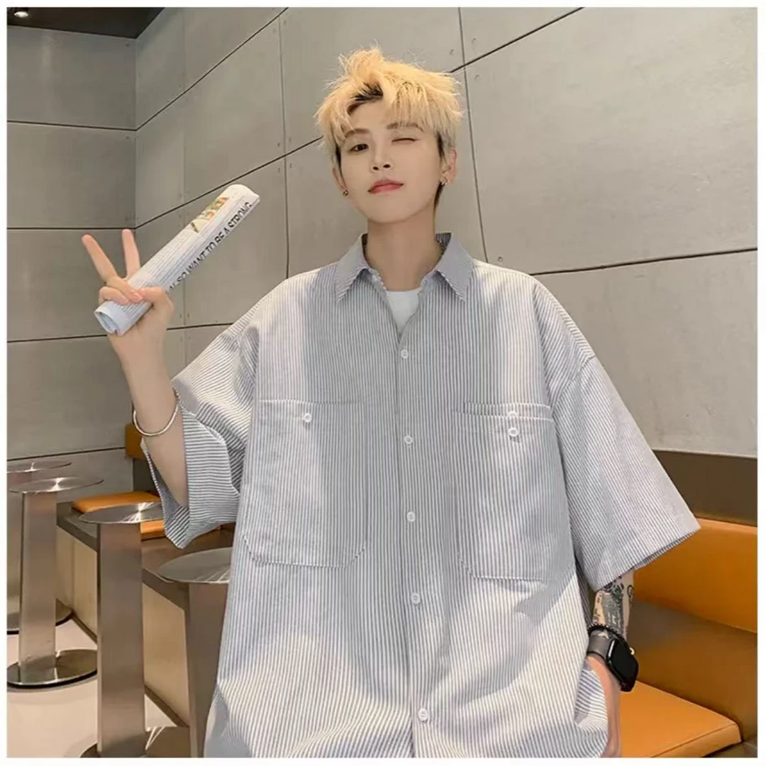 日系条纹休闲夏季小众薄款痞帅宽松港风韩版百搭潮流帅气衬衫-118