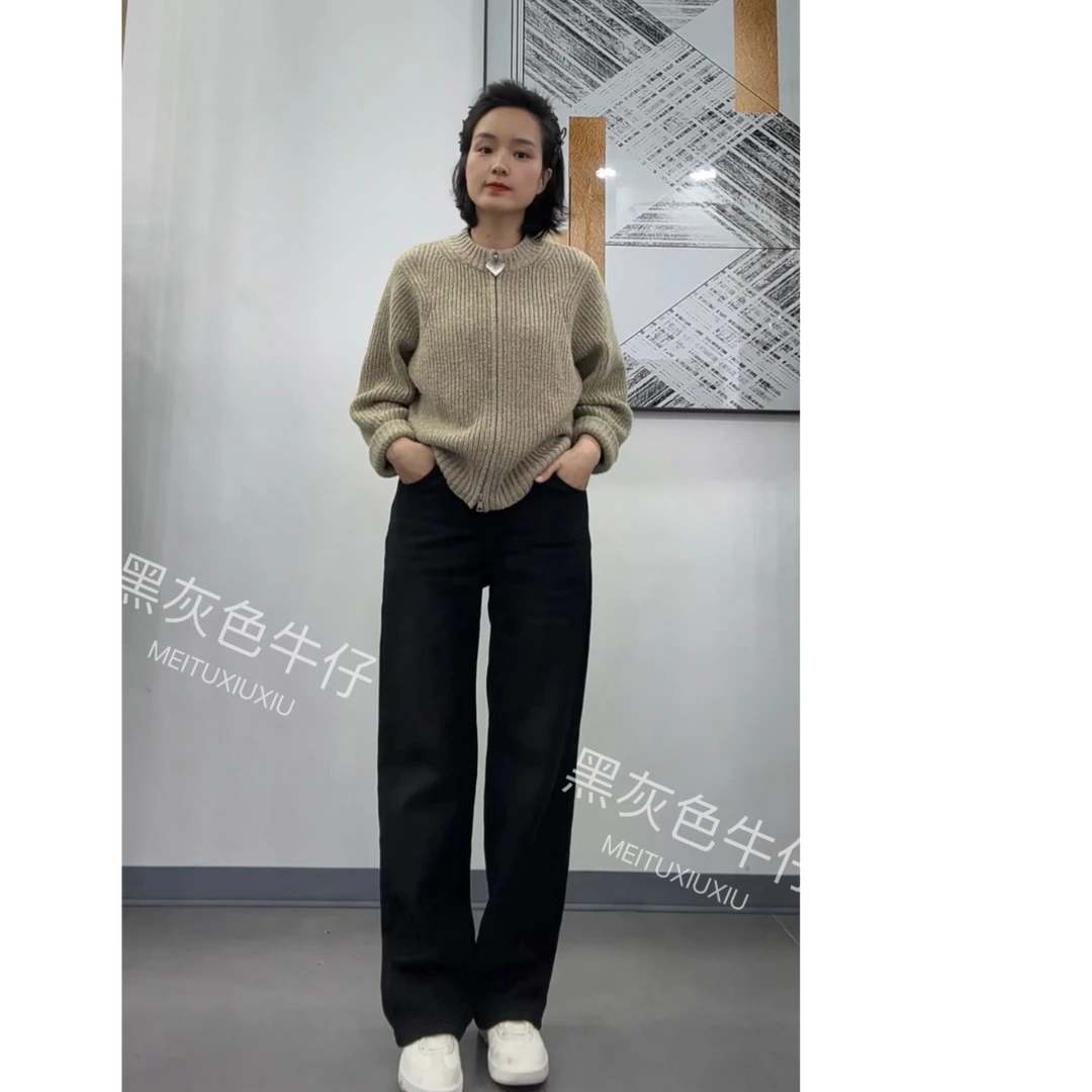 黑灰色9152加绒松紧腰休闲牛仔裤窄版直筒牛仔显瘦显百搭色