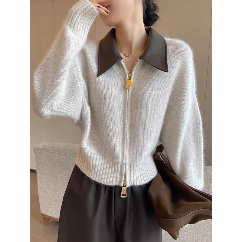 秋季高级感时尚百搭皮质Polo领针织衫毛衣女复古慵懒感双拉链上衣