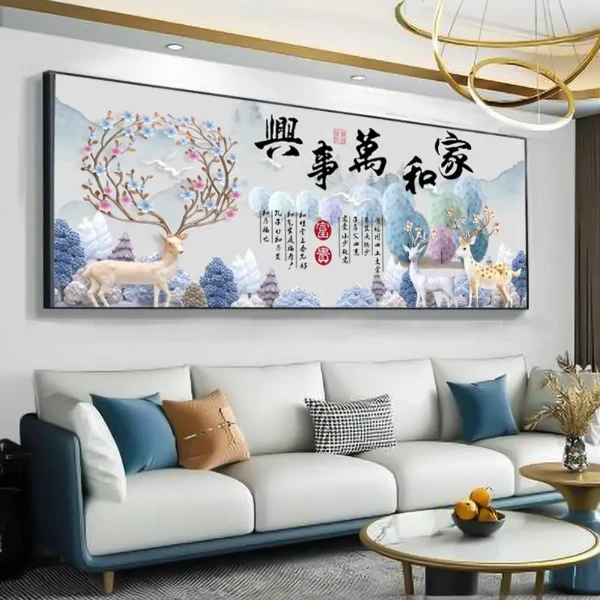 家和万事兴麋鹿沙发背景墙沙发背景平面晶瓷挂画