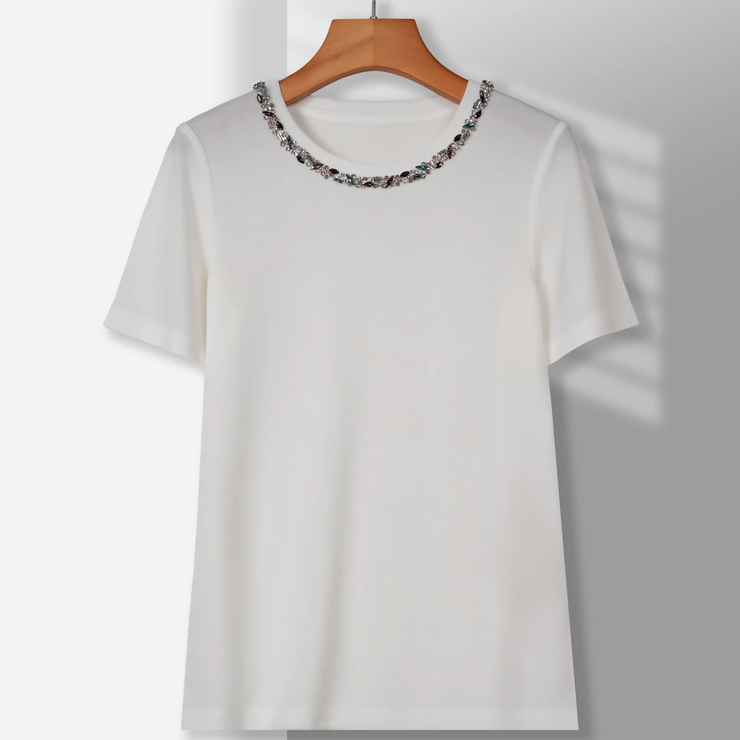 【认准正版】夏新款女士休闲T恤进口醋酸重工镶钻时尚短袖T恤衫