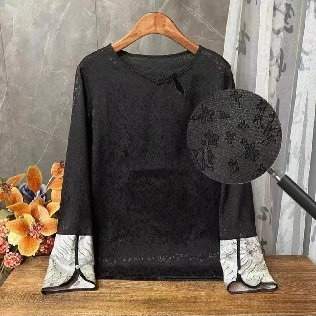 早春新中式拼接长袖国风衬衫圆领提花复古小衫6539