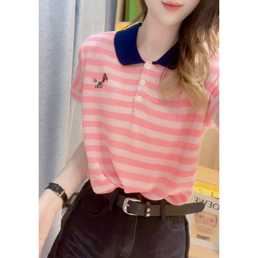 JL【翻领条纹撞色小马上衣】2025夏季新款时尚圆领短袖天丝上衣